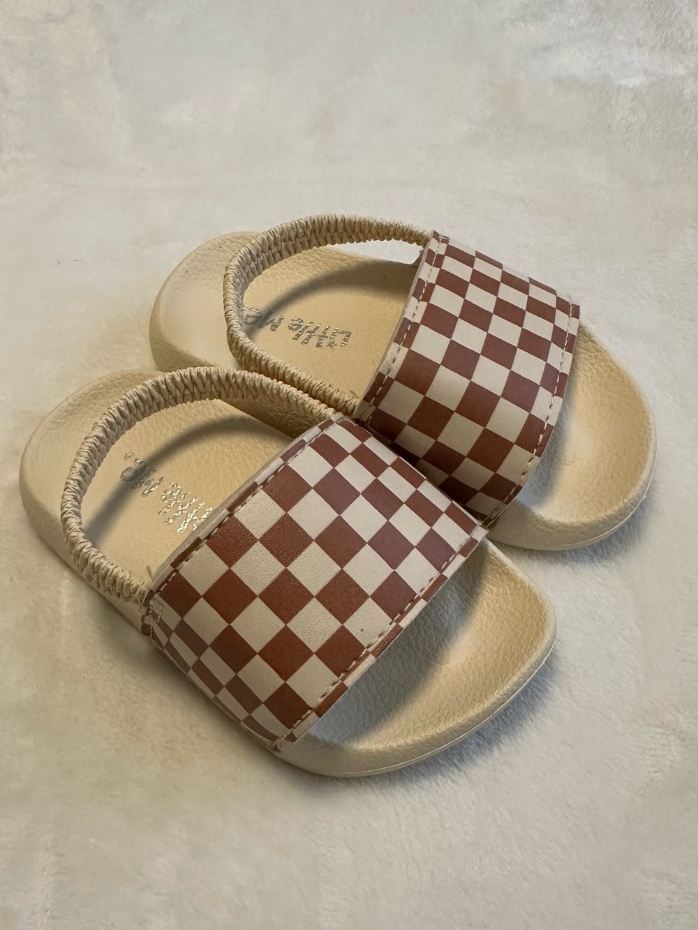 Little Me Brown and Cream Checkerboard Slide Sandals - Kids Size 4 wide fit